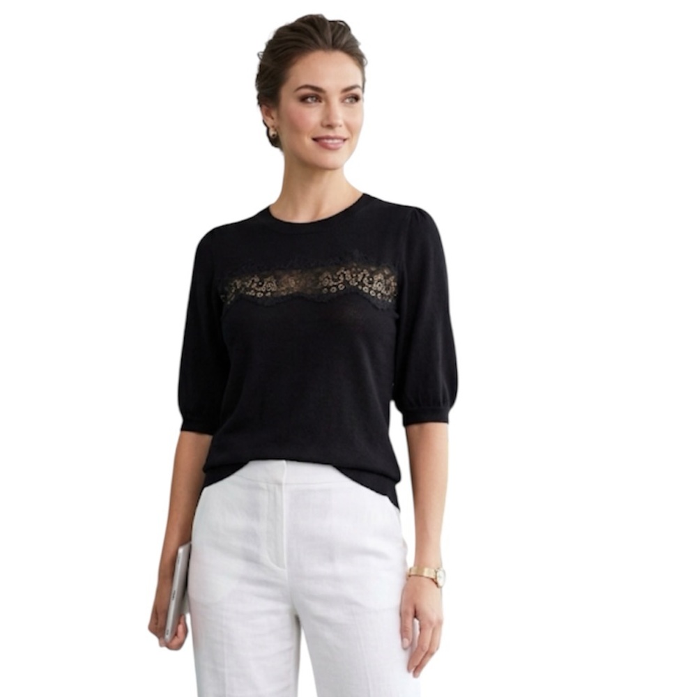 Laundry By Shelli Segal Black Lace Women’s Short Sleeve Sweater Size: SP